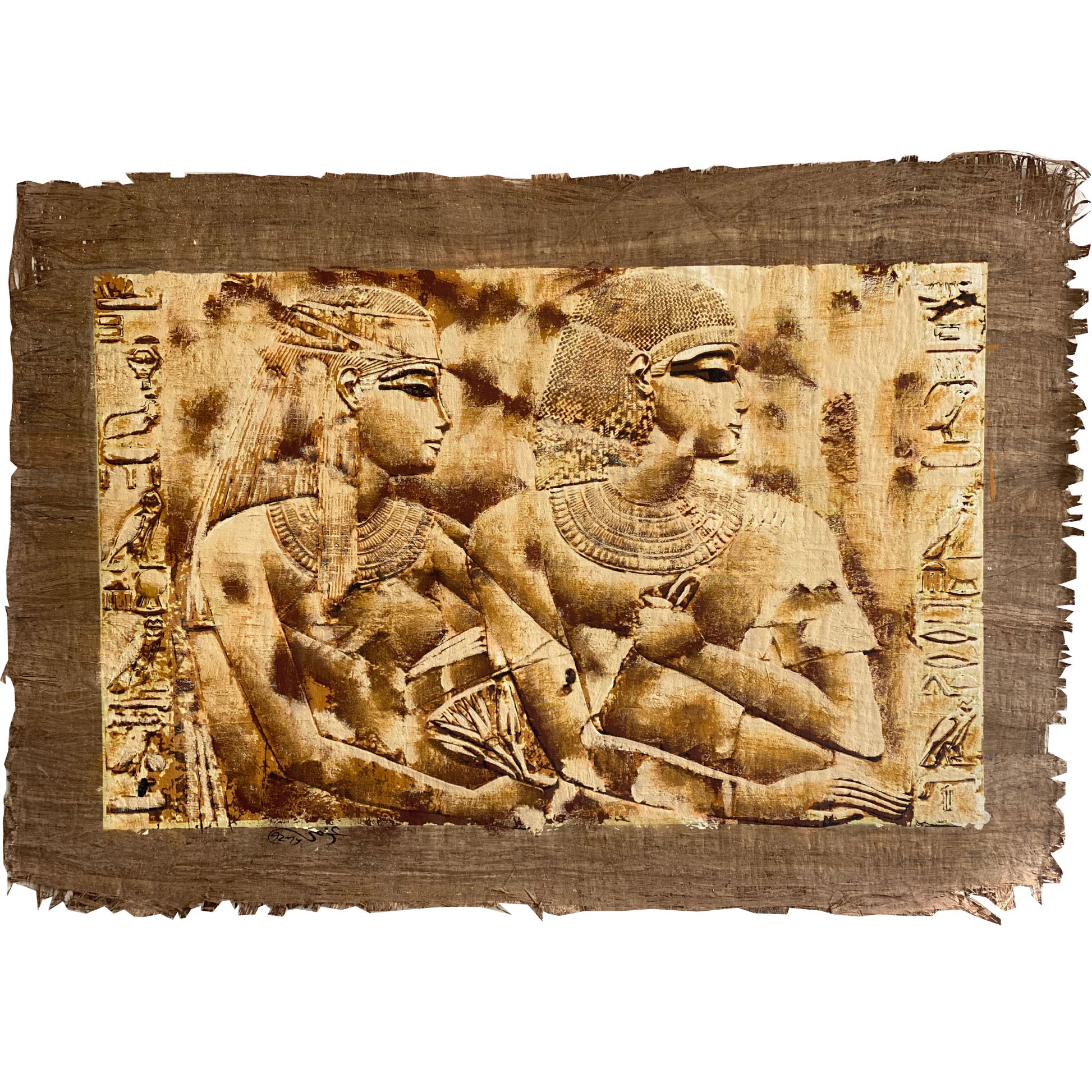 Handcrafted Egyptian papyrus artwork (100x70 cm) depicting royal love and legacy, painted on authentic papyrus.