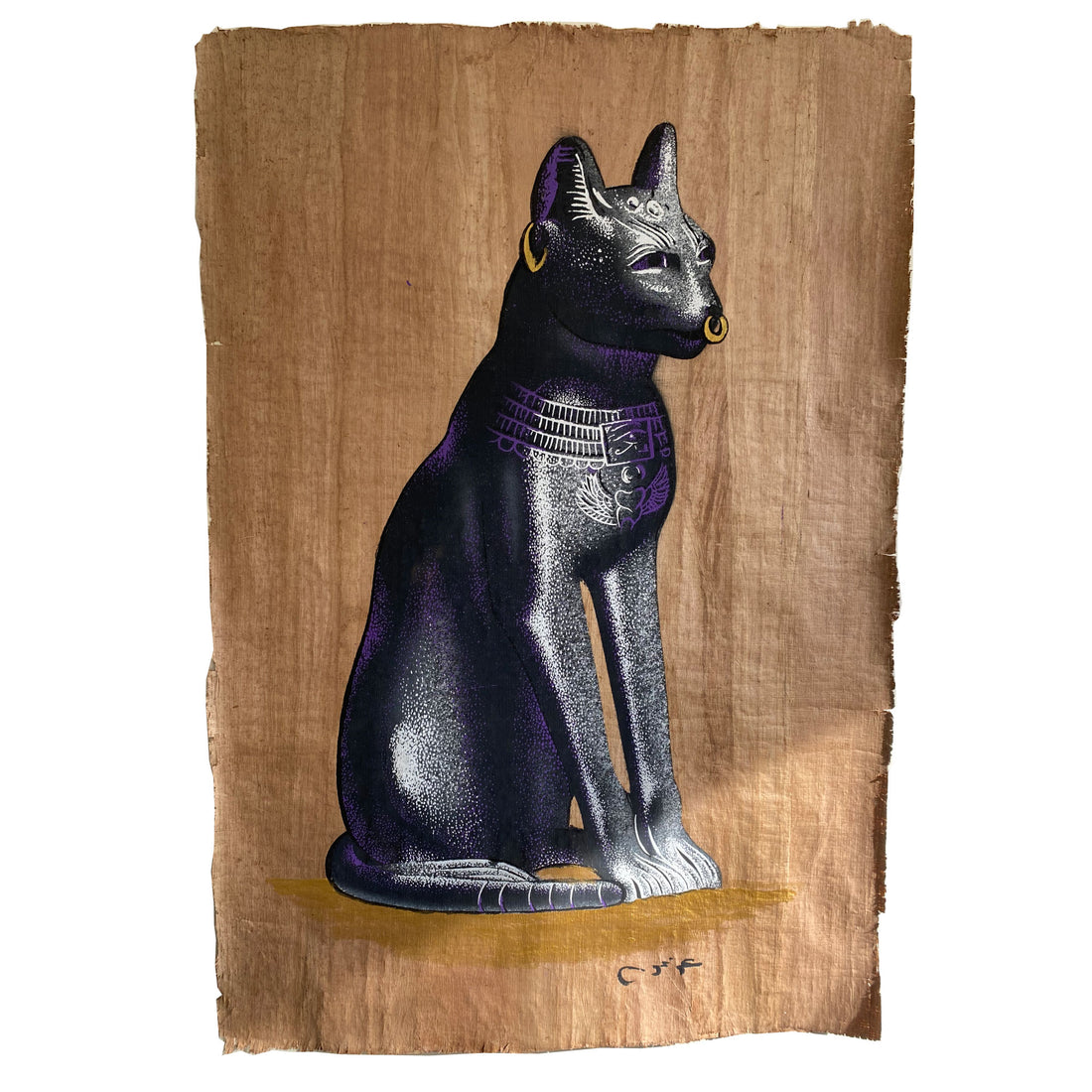 Hand-painted Egyptian papyrus artwork (100x70 cm) featuring Bastet, the feline goddess of protection and grace.