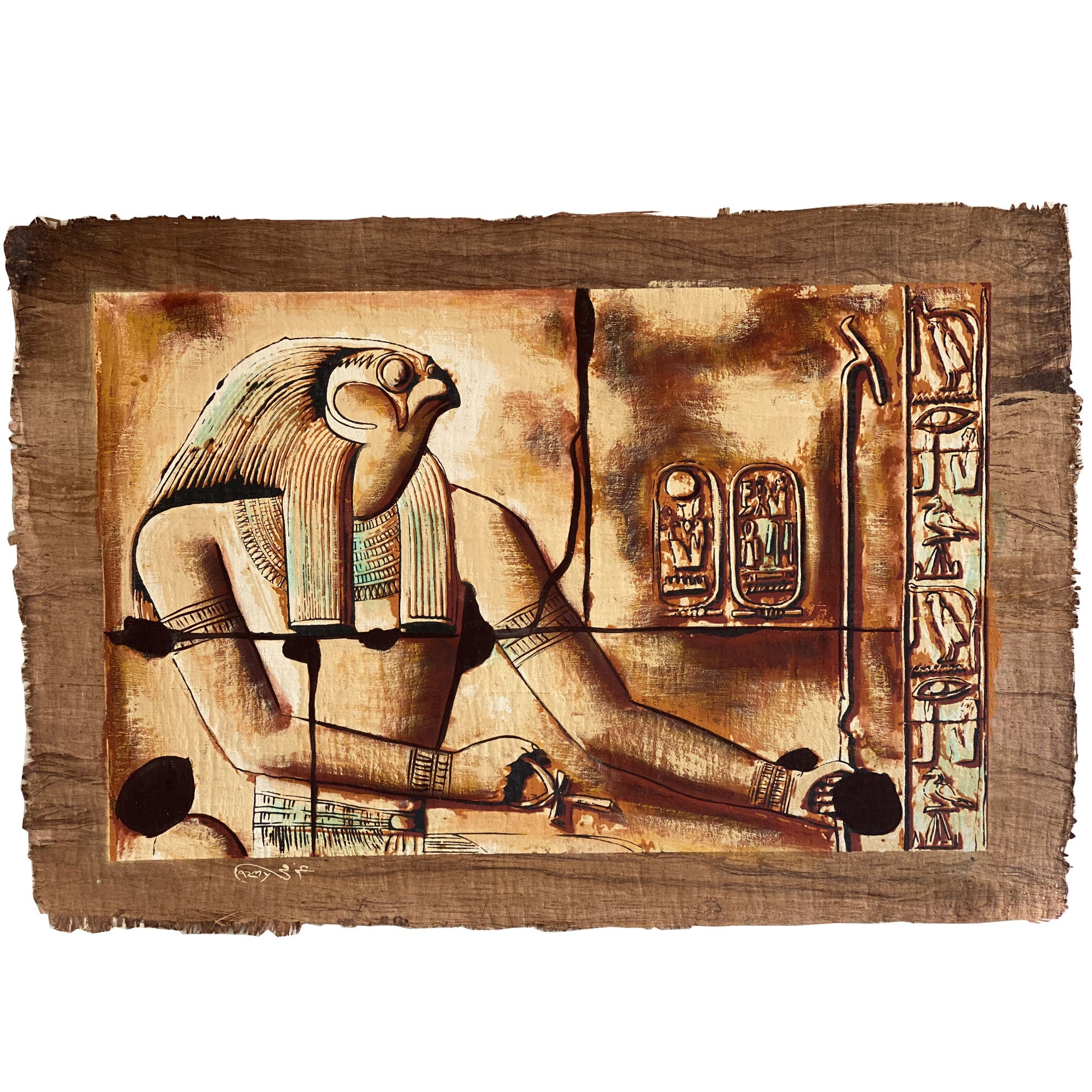 Hand-painted Egyptian papyrus artwork (40x60 cm) featuring Horus, the Falcon-Headed God of Protection.