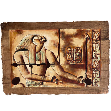 Hand-painted Egyptian papyrus artwork (40x60 cm) featuring Horus, the Falcon-Headed God of Protection.